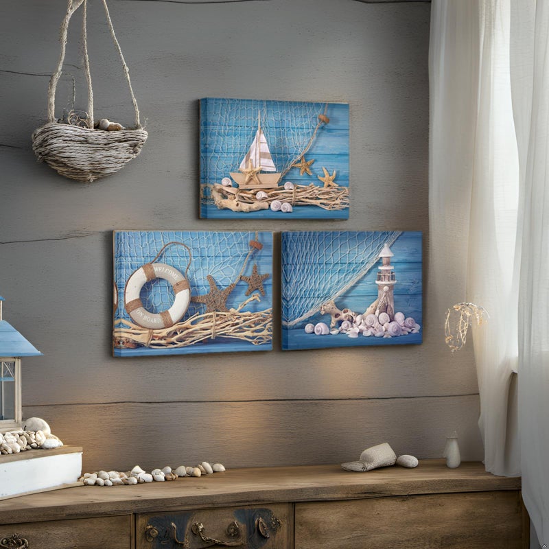 LevvArts 3 Piece Beach Canvas Wall Art Seashell Startfish with Blue Board Picture Prints Maritime Sailing Boat Lighthouse Poster Painting for Bathroom Gallery Canvas Wrapped Ready to Hang - Image 3